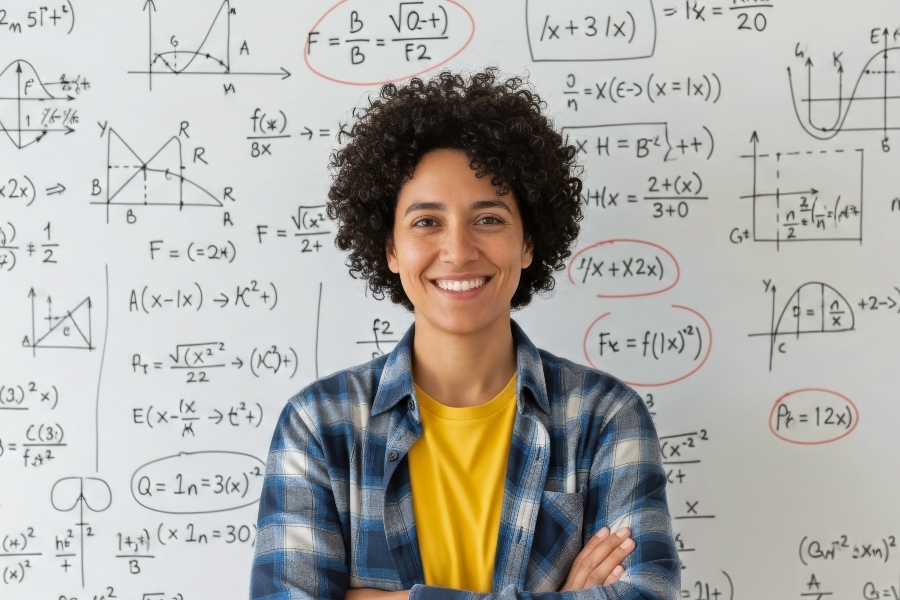 smiling student standing in front of a whiteboard filled with mathematical equations, graphs and formulas