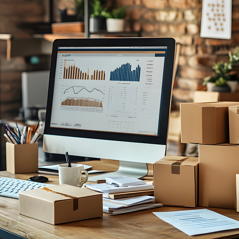 computer monitor displaying accounting and sales program with small boxes ready for shipping on desk