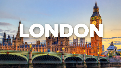 london skyline at sunset with big ben and the houses of parliament, westminster bridge over the thames, and large white text reading 