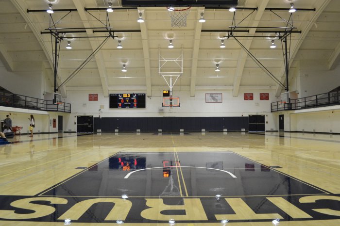 Basketball court, long down court view