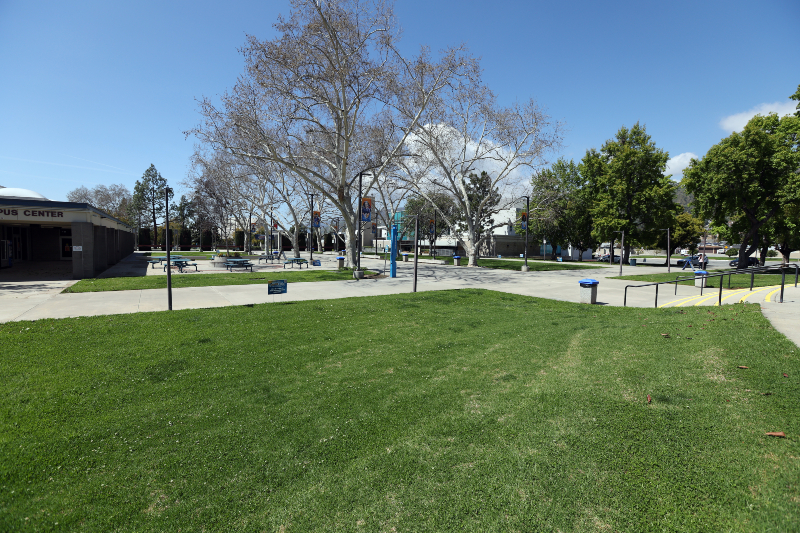 View of the Campus Center Mall, facing north west toward the library